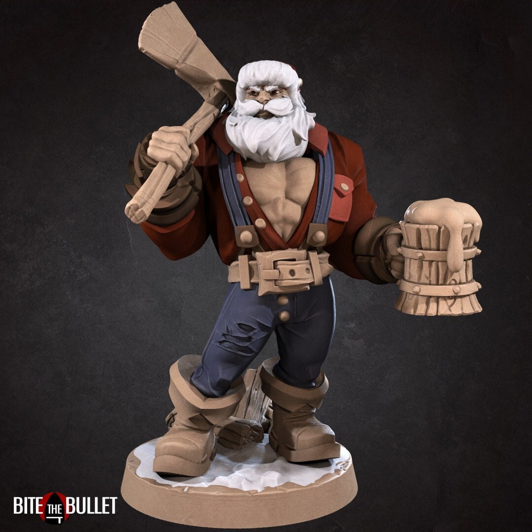 Sexy lumberjack with open shirt, exposing muscular chest. Axe on his shoulder, frothy wooden mug in hand. Resin miniature by Bite the Bullet.